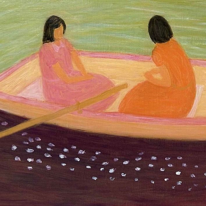 'Twee Vrouwen in Boot', Olieverf op Canvas door Makoto Igarashi,  Shōwa-periode, Japan.