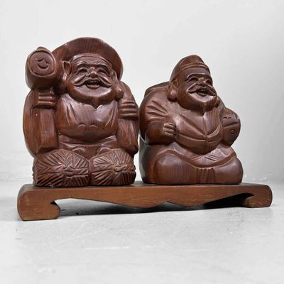 Houten Godenbeeld Ebisu en Daikoku, Shōwa-periode, Japan.