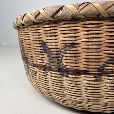 Japanese Woven Bamboo Basket with Calligraphy, Shōwa Period.
