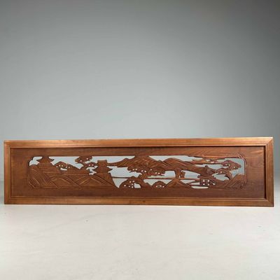 Houten Ranma (欄間) 'Tempel Berglandschap', Taisho, Japan.