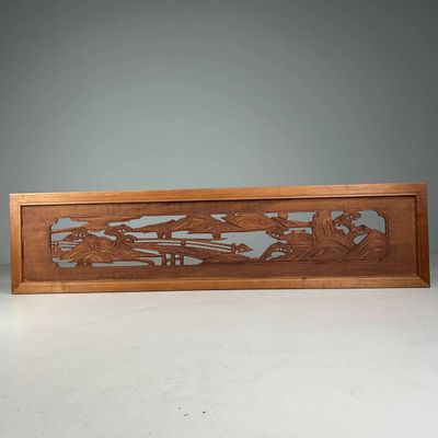 Houten Ranma (欄間) 'Tempel Berglandschap', Taisho, Japan.