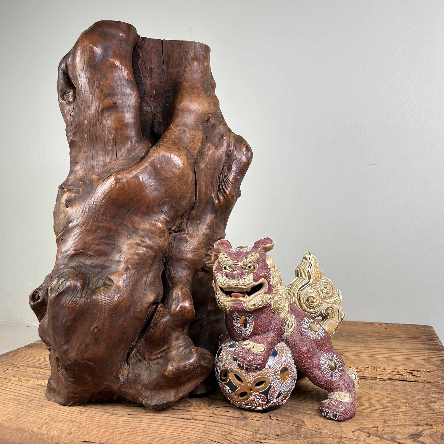 Japanse Burl Wood Decoratie Tsuge (椿), Taishō-periode.