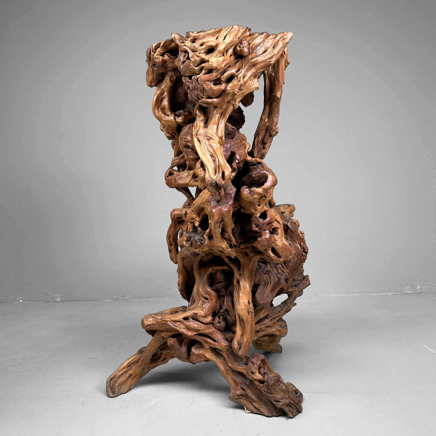 Large Japanese Burl Root Wood Plant Stand, Taisho Era.