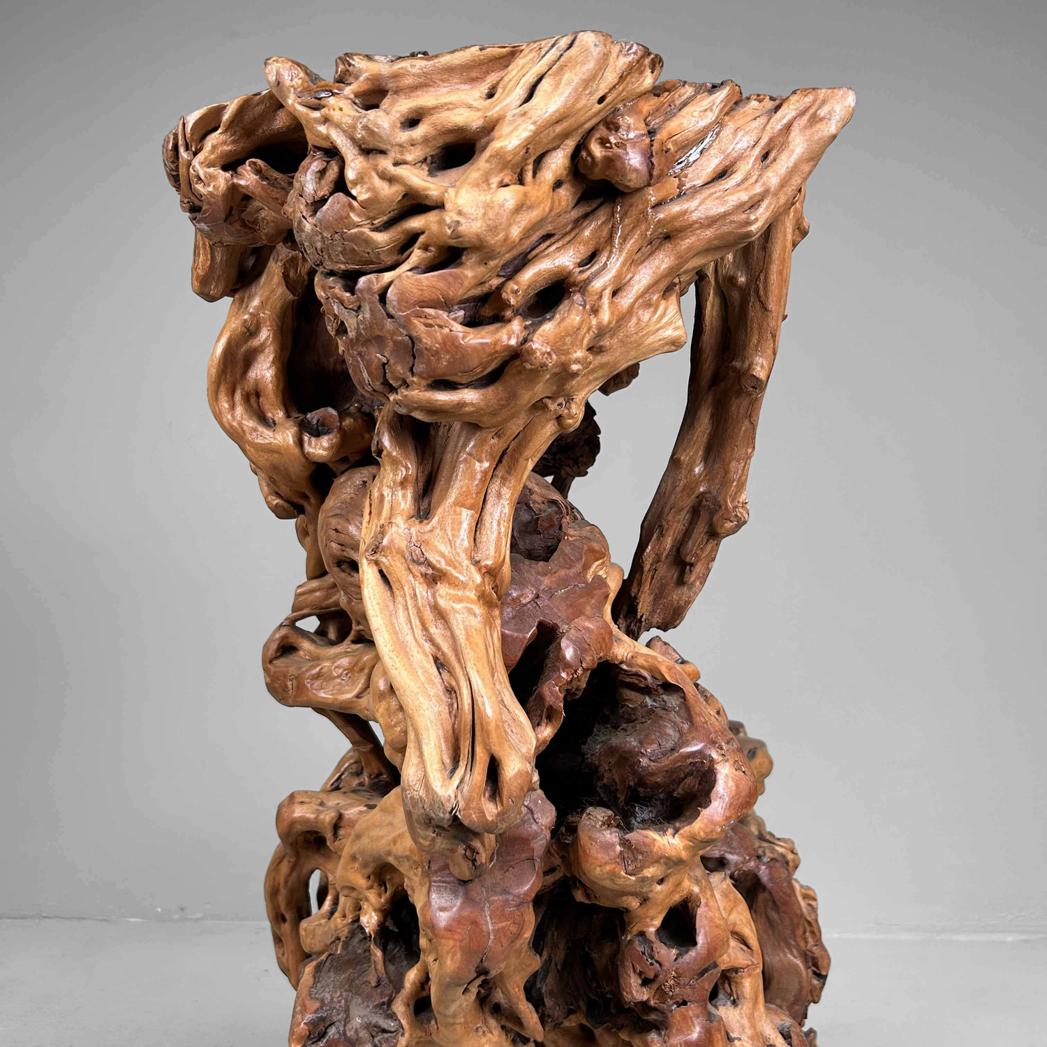 Large Japanese Burl Root Wood Plant Stand, Taisho Era.