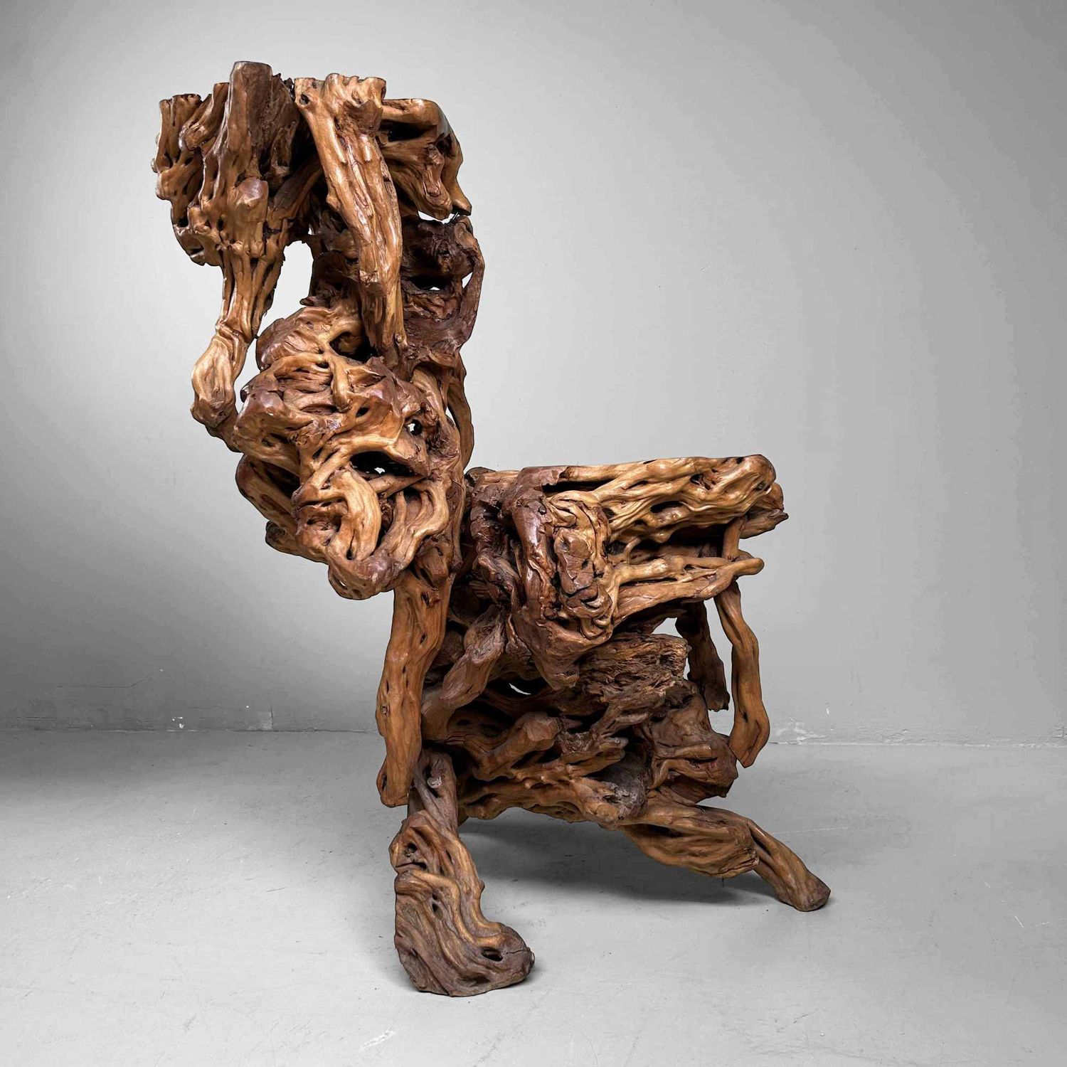 Large Japanese Burl Root Wood Plant Stand, Taisho Era.