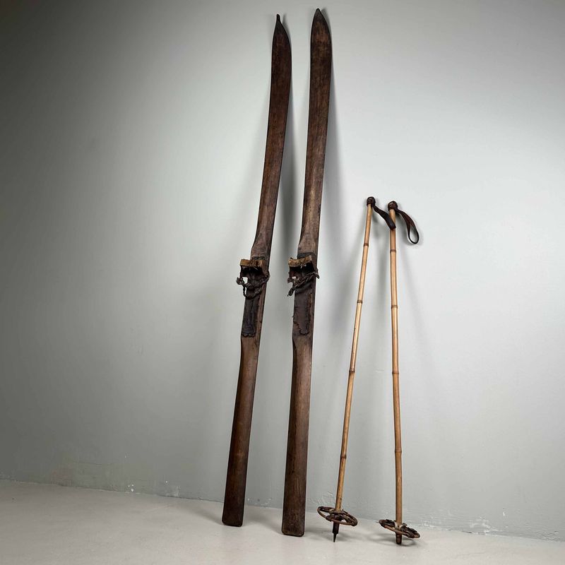 Antique Wooden Skis with Bamboo Ski Poles, Taishō Period