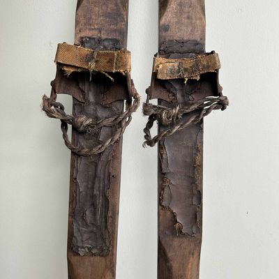Antique Wooden Skis with Bamboo Ski Poles, Taishō Period