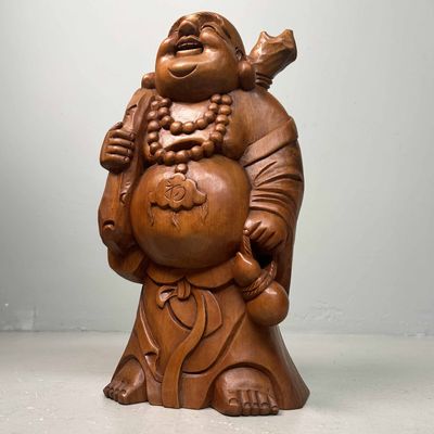 Houten Tempelbeeld Hotei, Lachende Boeddha, jaren '30, Japan.