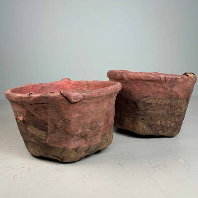 Set of Antique Bamboo Baskets with Washi Paper, Meiji Period, Japan.