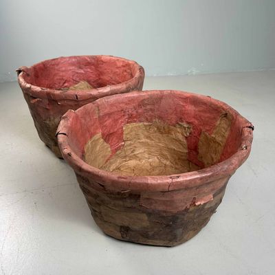Set of Antique Bamboo Baskets with Washi Paper, Meiji Period, Japan.