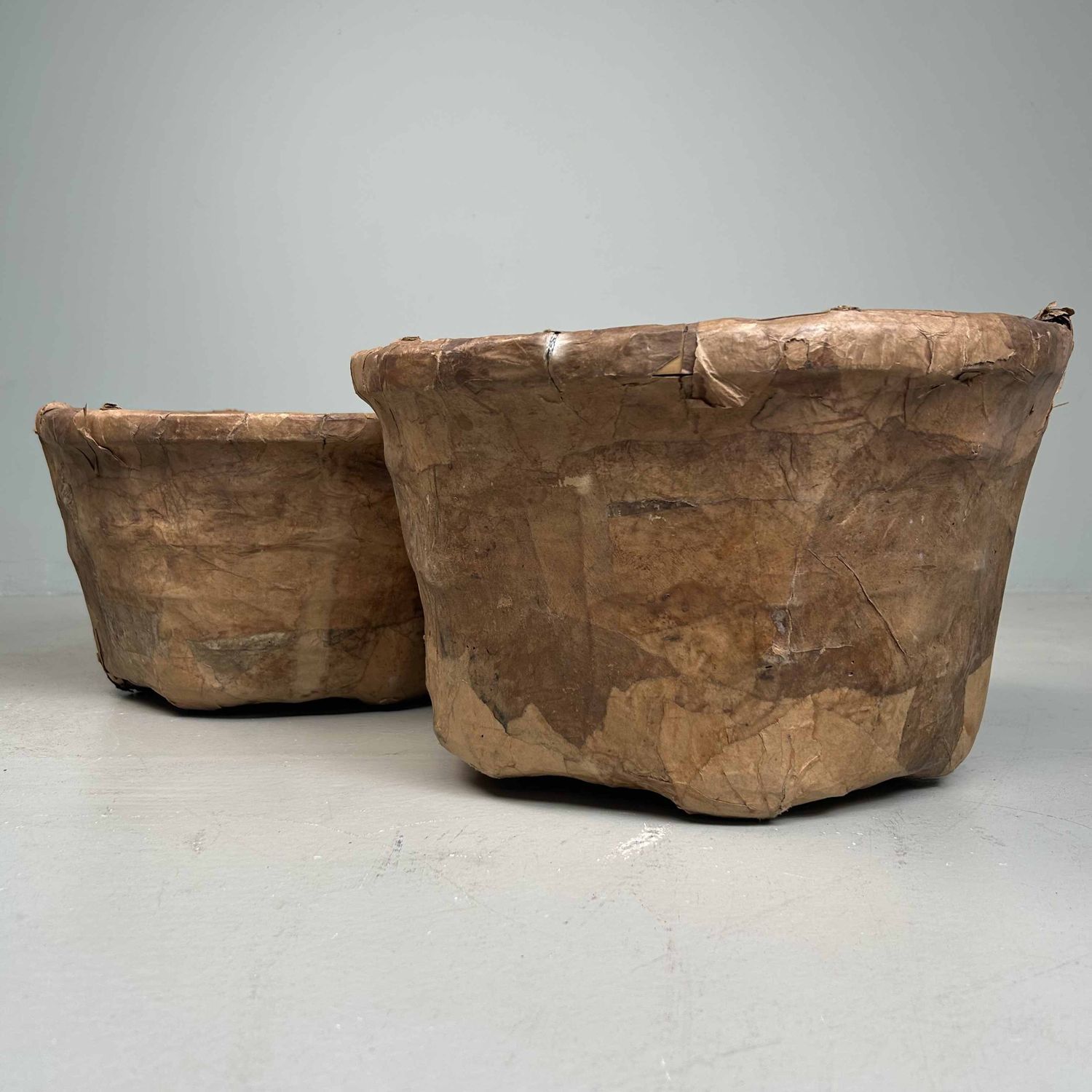 Set of Antique Bamboo Baskets with Washi Paper, Meiji Period, Japan.