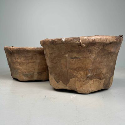 Set of Antique Bamboo Baskets with Washi Paper, Meiji Period, Japan.