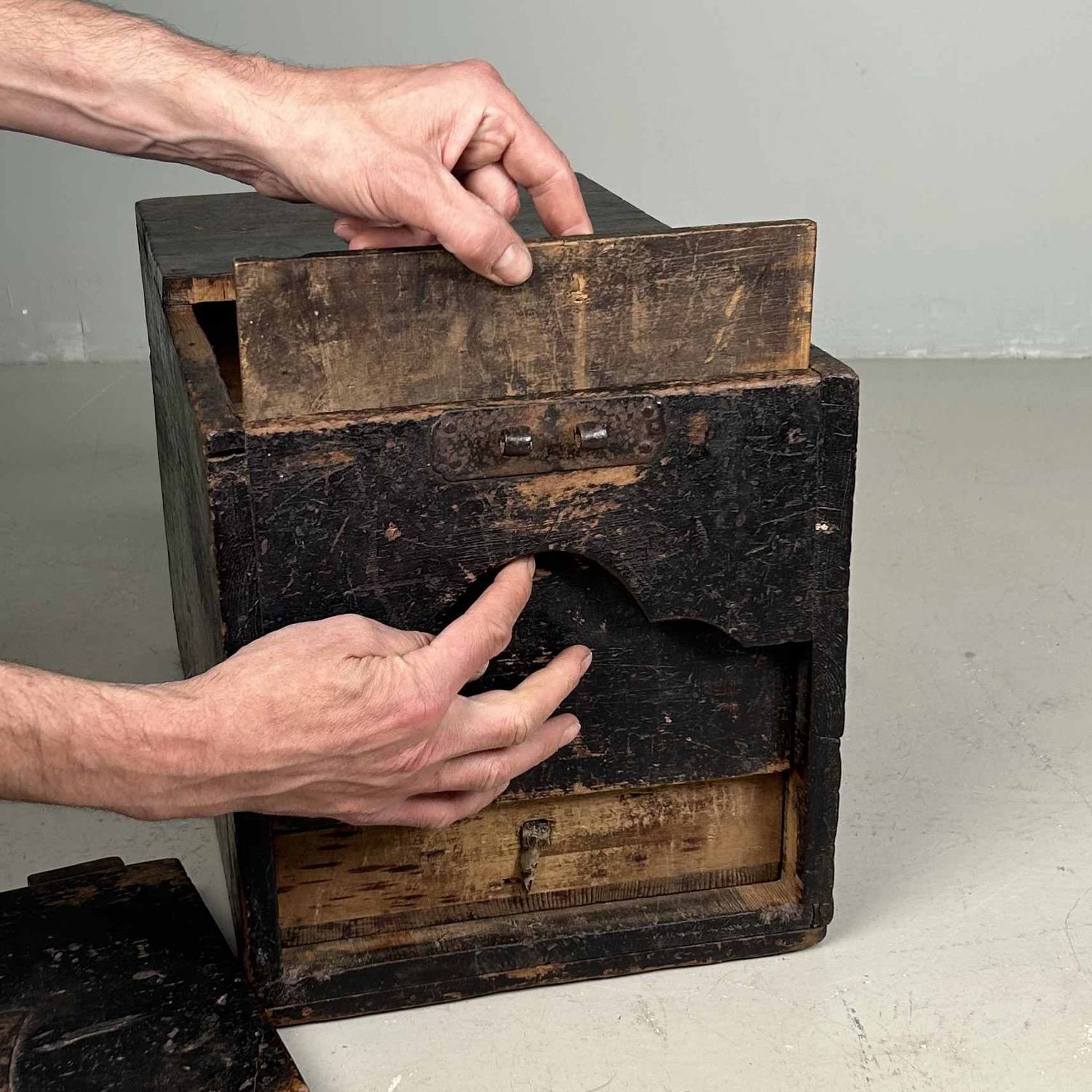 Antique Wooden Zenibako Temple Offering Box, Meiji Period, Japan.