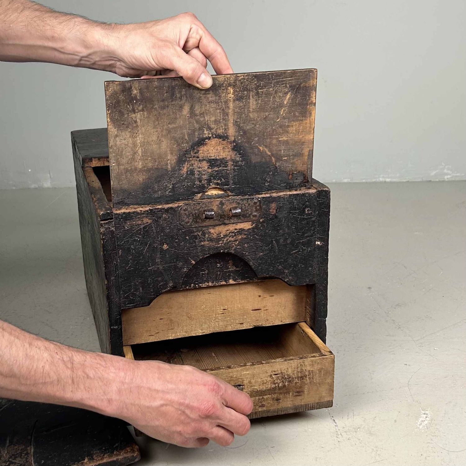 Antique Wooden Zenibako Temple Offering Box, Meiji Period, Japan.