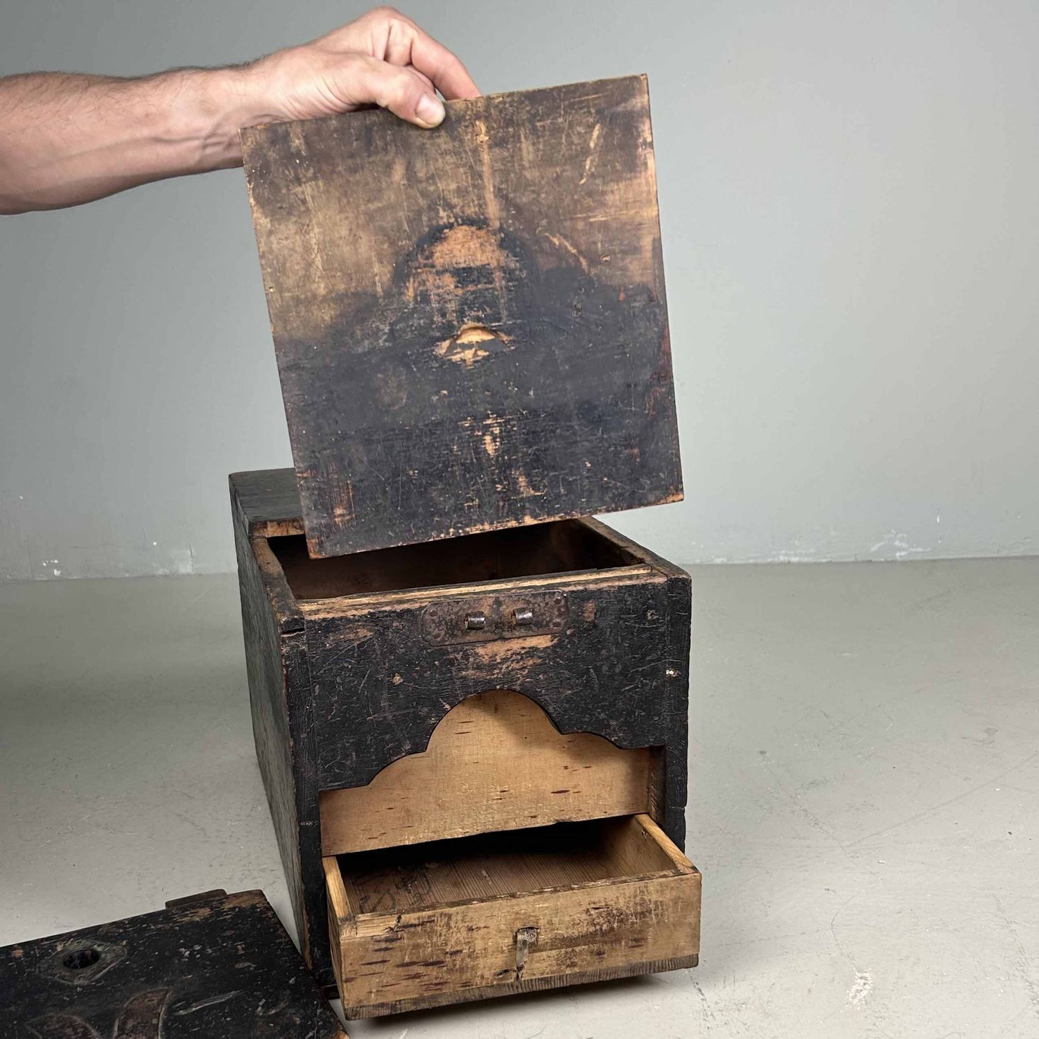 Antique Wooden Zenibako Temple Offering Box, Meiji Period, Japan.