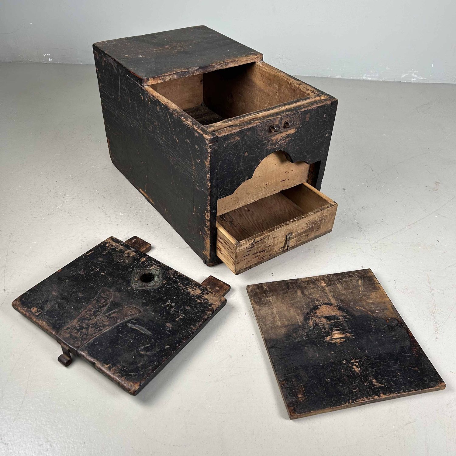 Antique Wooden Zenibako Temple Offering Box, Meiji Period, Japan.