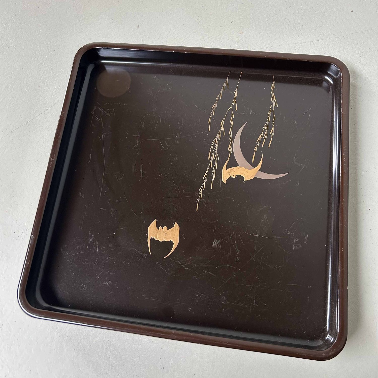 Urushi Lacquerware 'Bat & Moon' Tray, Meiji period, Japan.