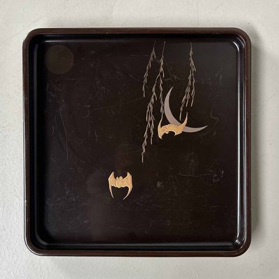 Urushi Lacquerware 'Bat & Moon' Tray, Meiji period, Japan.