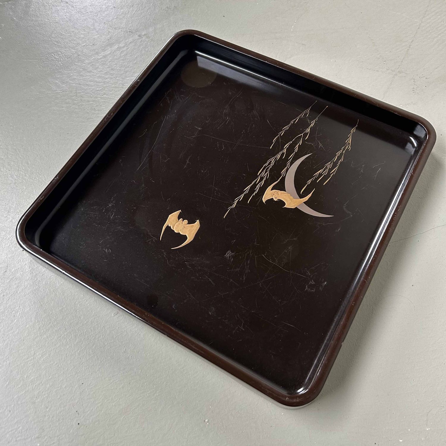 Urushi Lacquerware 'Bat & Moon' Tray, Meiji period, Japan.