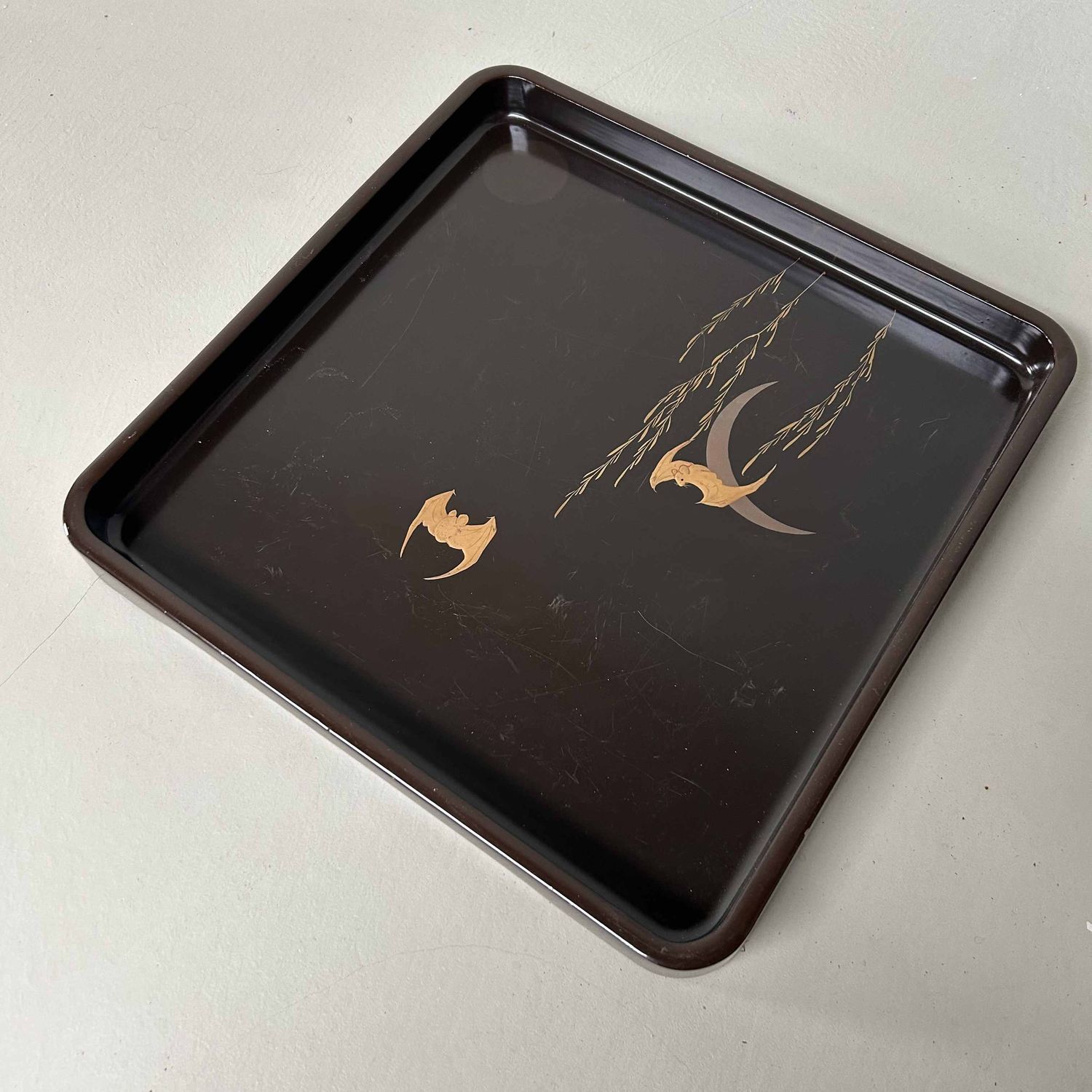 Urushi Lacquerware 'Bat & Moon' Tray, Meiji period, Japan.