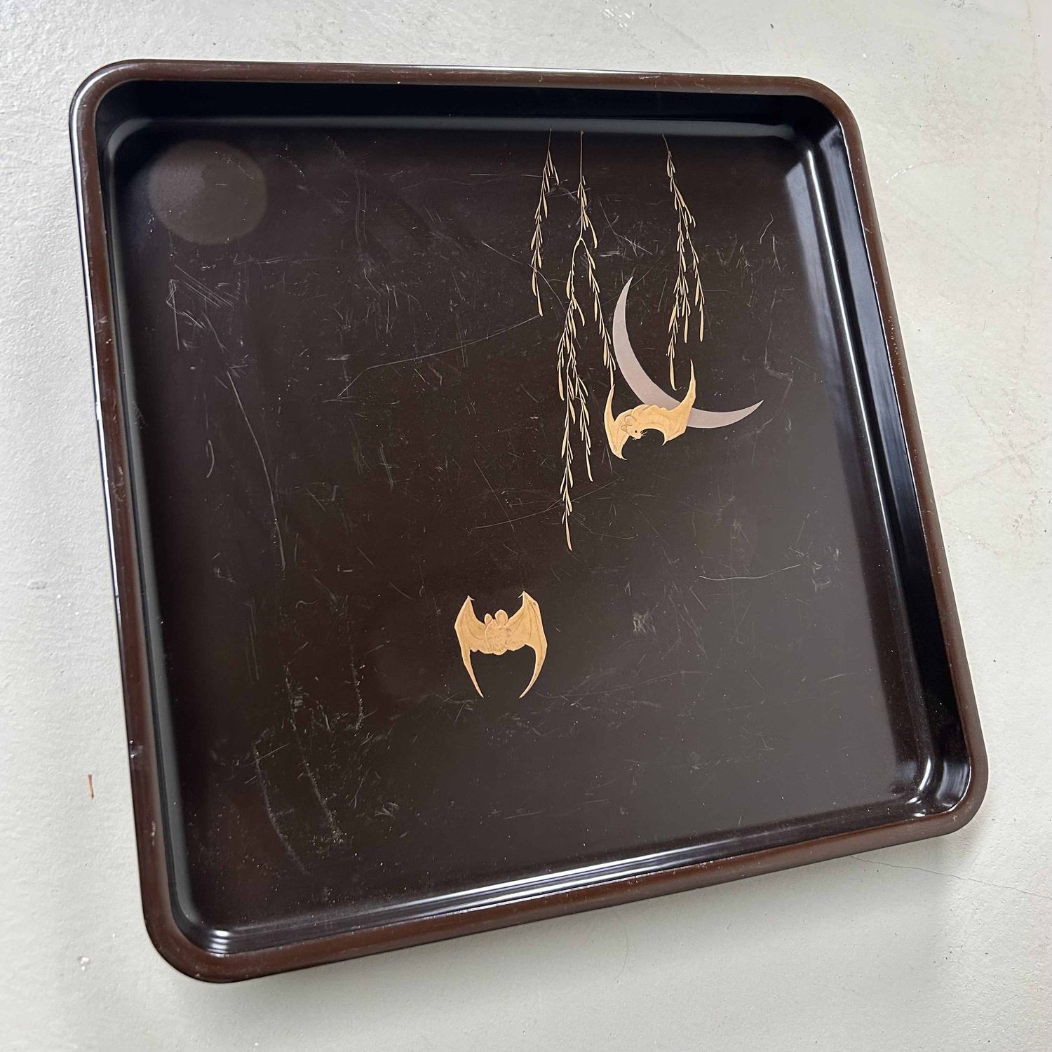 Urushi Lacquerware 'Bat & Moon' Tray, Meiji period, Japan.