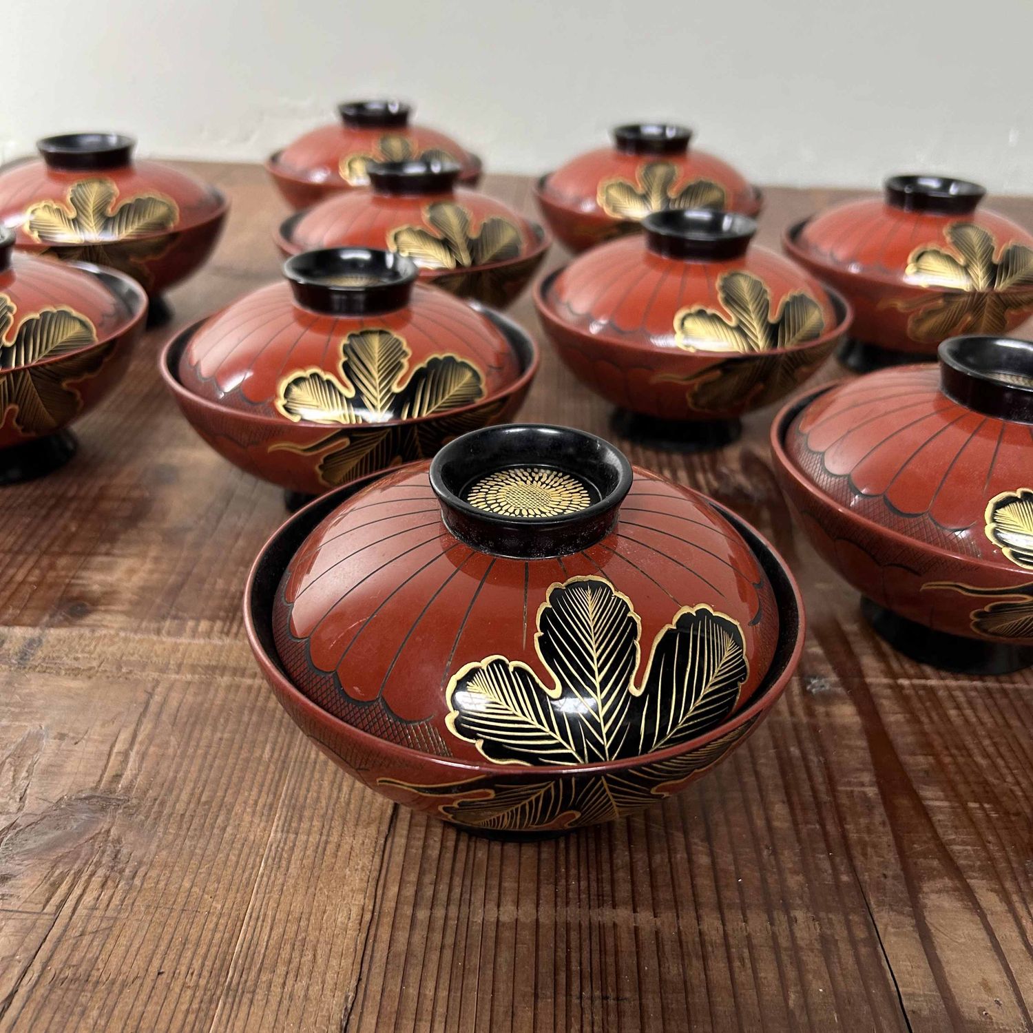 Authentic Set (10) of Wajima-Nuri Owan Serving Bowls, Shōwa Period, Japan.
