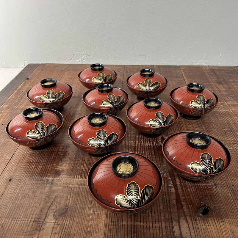 Authentic Set (10) of Wajima-Nuri Owan Serving Bowls, Shōwa Period, Japan.