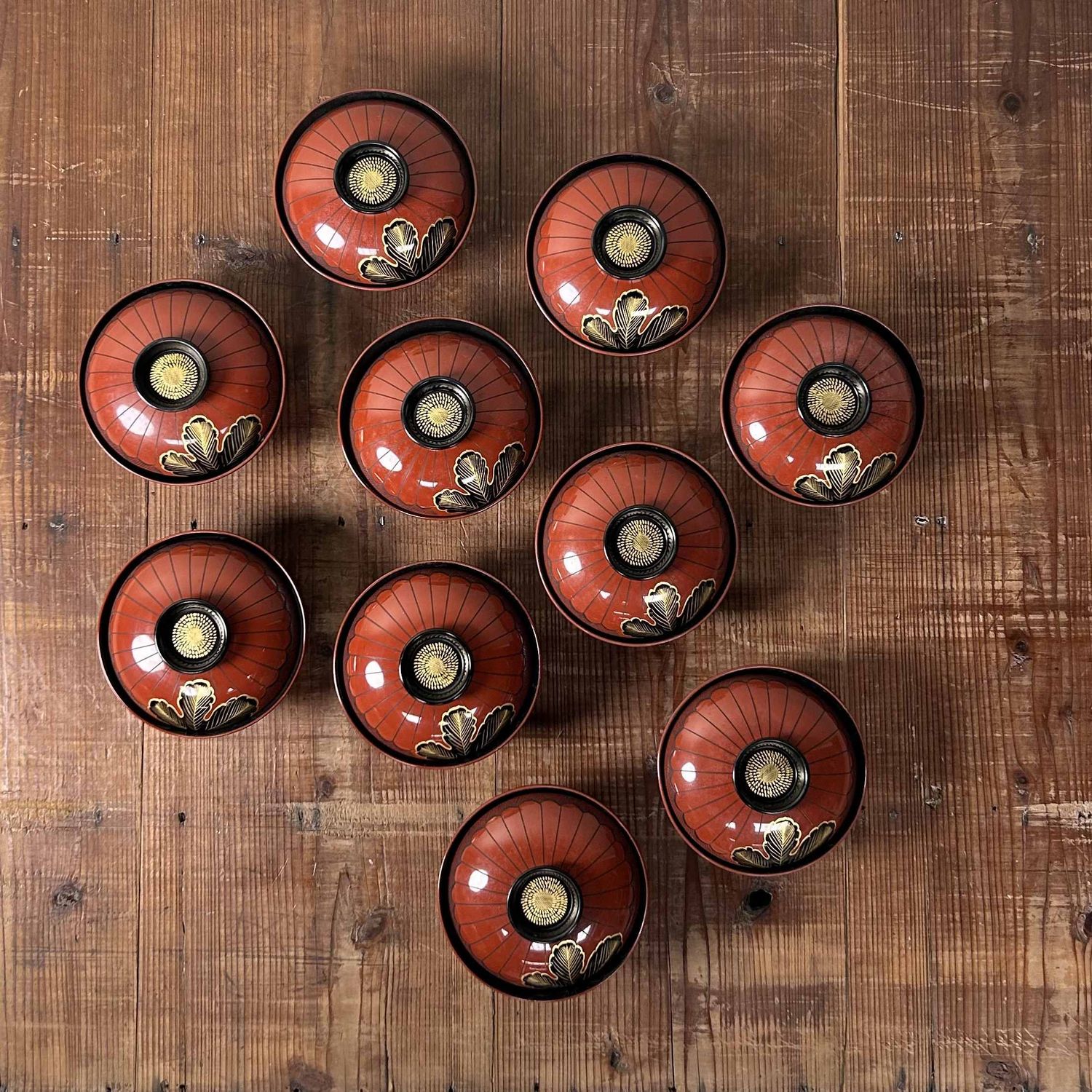 Authentic Set (10) of Wajima-Nuri Owan Serving Bowls, Shōwa Period, Japan.