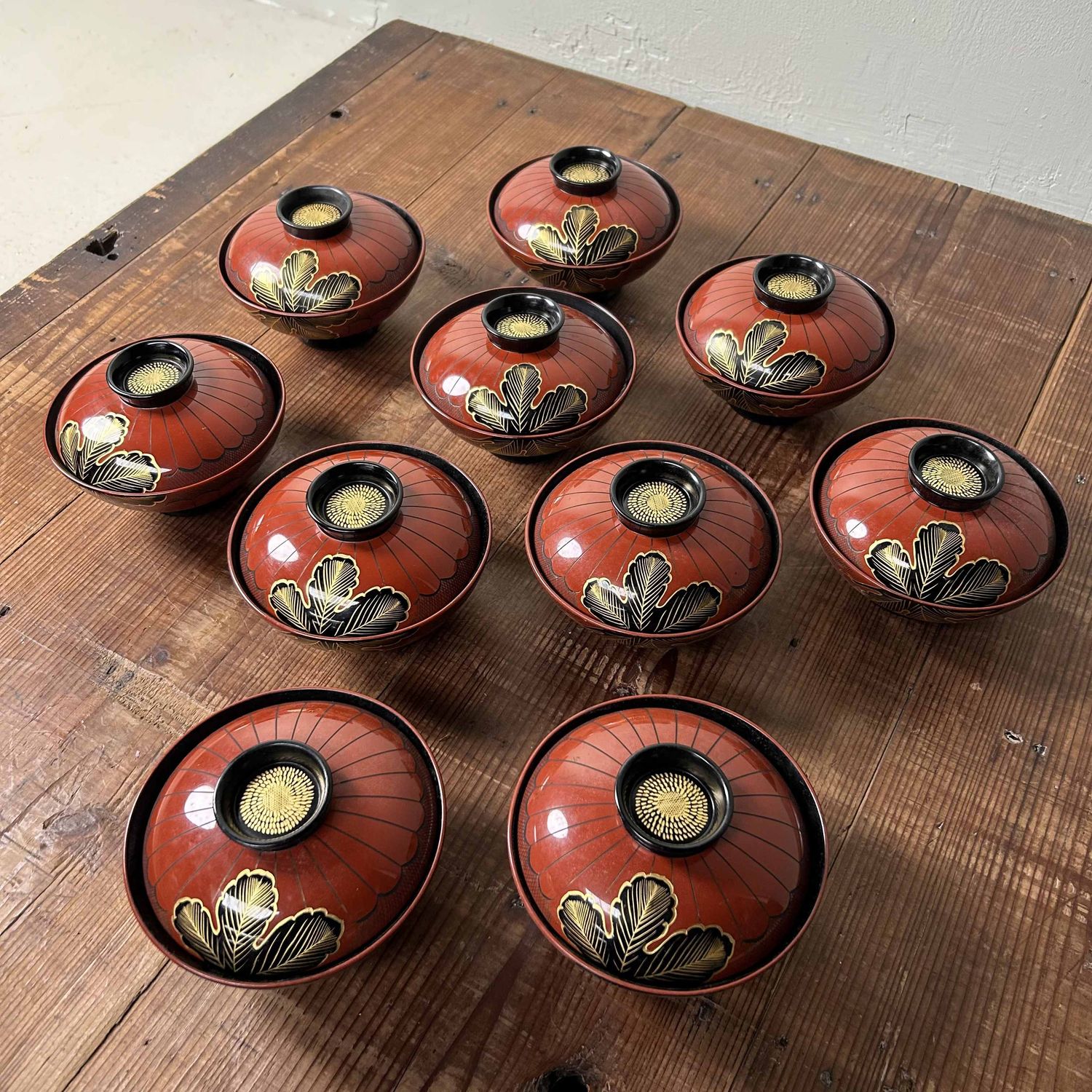 Authentic Set (10) of Wajima-Nuri Owan Serving Bowls, Shōwa Period, Japan.