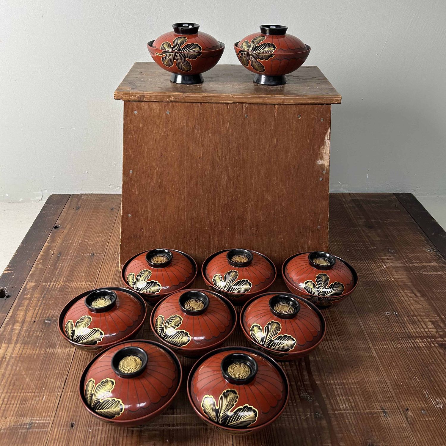 Authentic Set (10) of Wajima-Nuri Owan Serving Bowls, Shōwa Period, Japan.