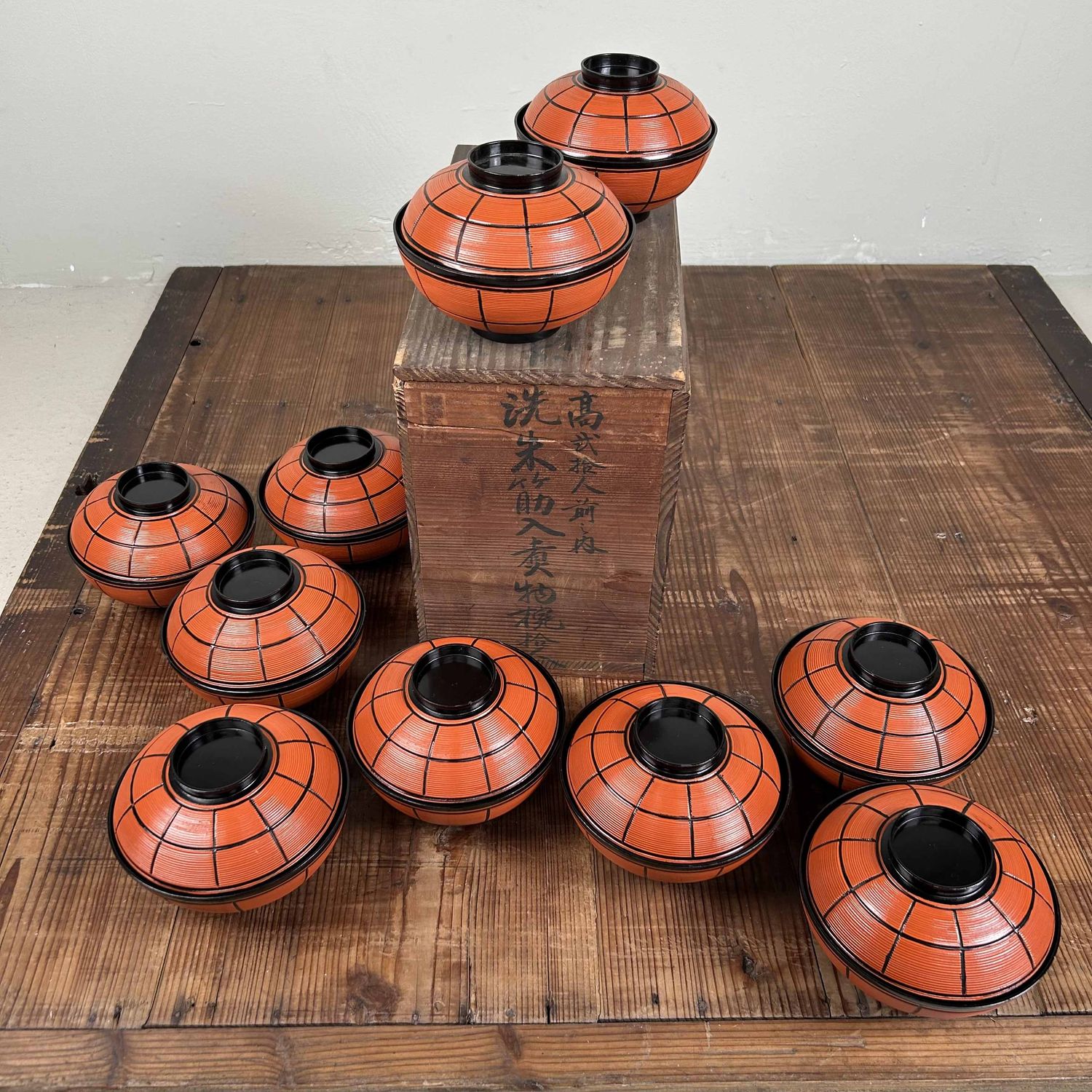 Authentieke Set (10) Houten Gelakte Nuri Owan Serveerkommen, Shōwa-periode, Japan.