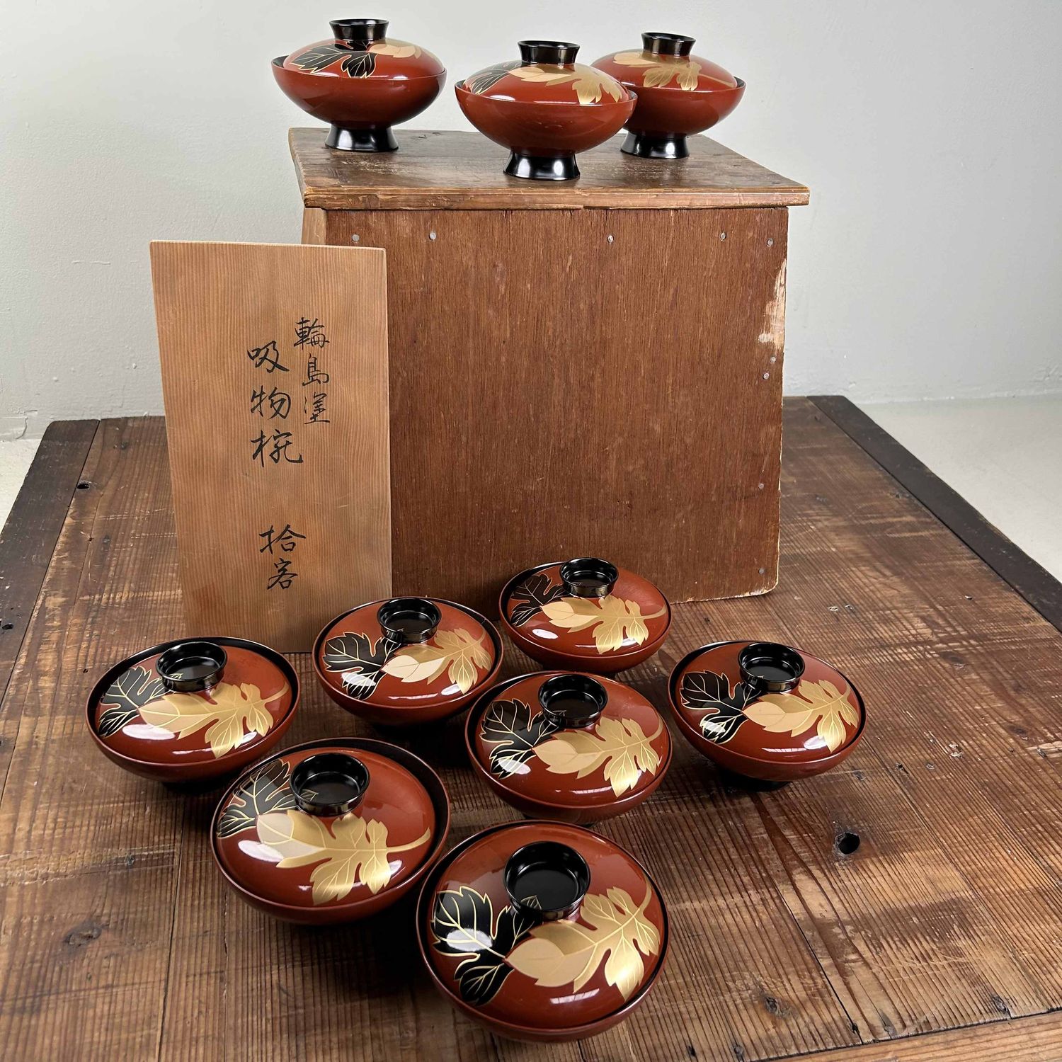 Authentic Set (10) of Wajima-Nuri Owan Serving Bowls, Shōwa Period, Japan.