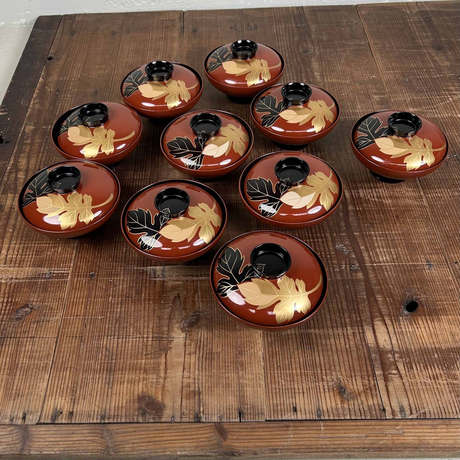 Authentic Set (10) of Wajima-Nuri Owan Serving Bowls, Shōwa Period, Japan.