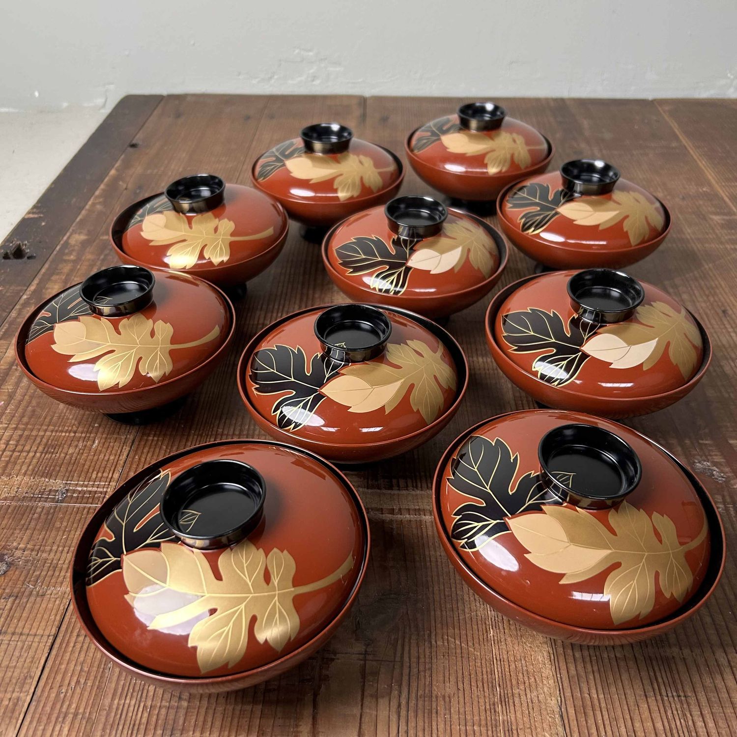 Authentic Set (10) of Wajima-Nuri Owan Serving Bowls, Shōwa Period, Japan.