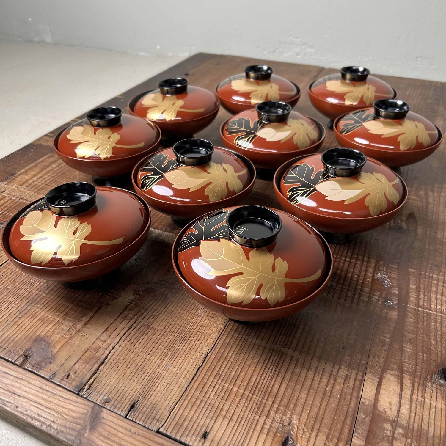 Authentic Set (10) of Wajima-Nuri Owan Serving Bowls, Shōwa Period, Japan.