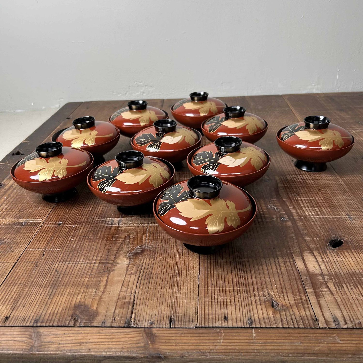 Authentic Set (10) of Wajima-Nuri Owan Serving Bowls, Shōwa Period, Japan.