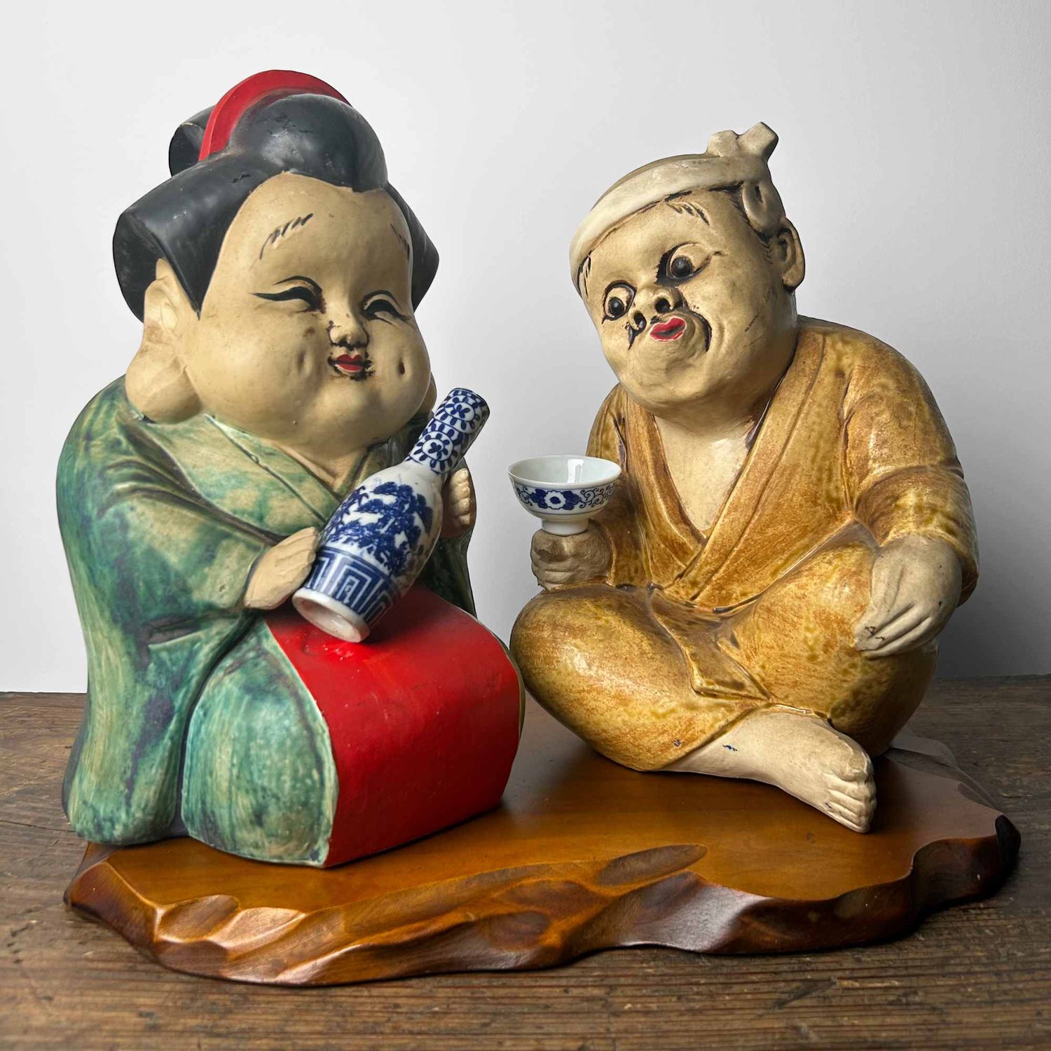 Okame en Hyottoko, Set Japanse Beelden, vroege Shōwa-periode.