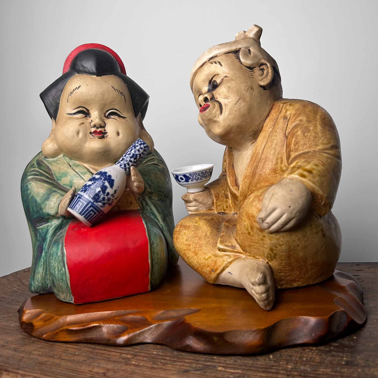 Okame en Hyottoko, Set Japanse Beelden, vroege Shōwa-periode.