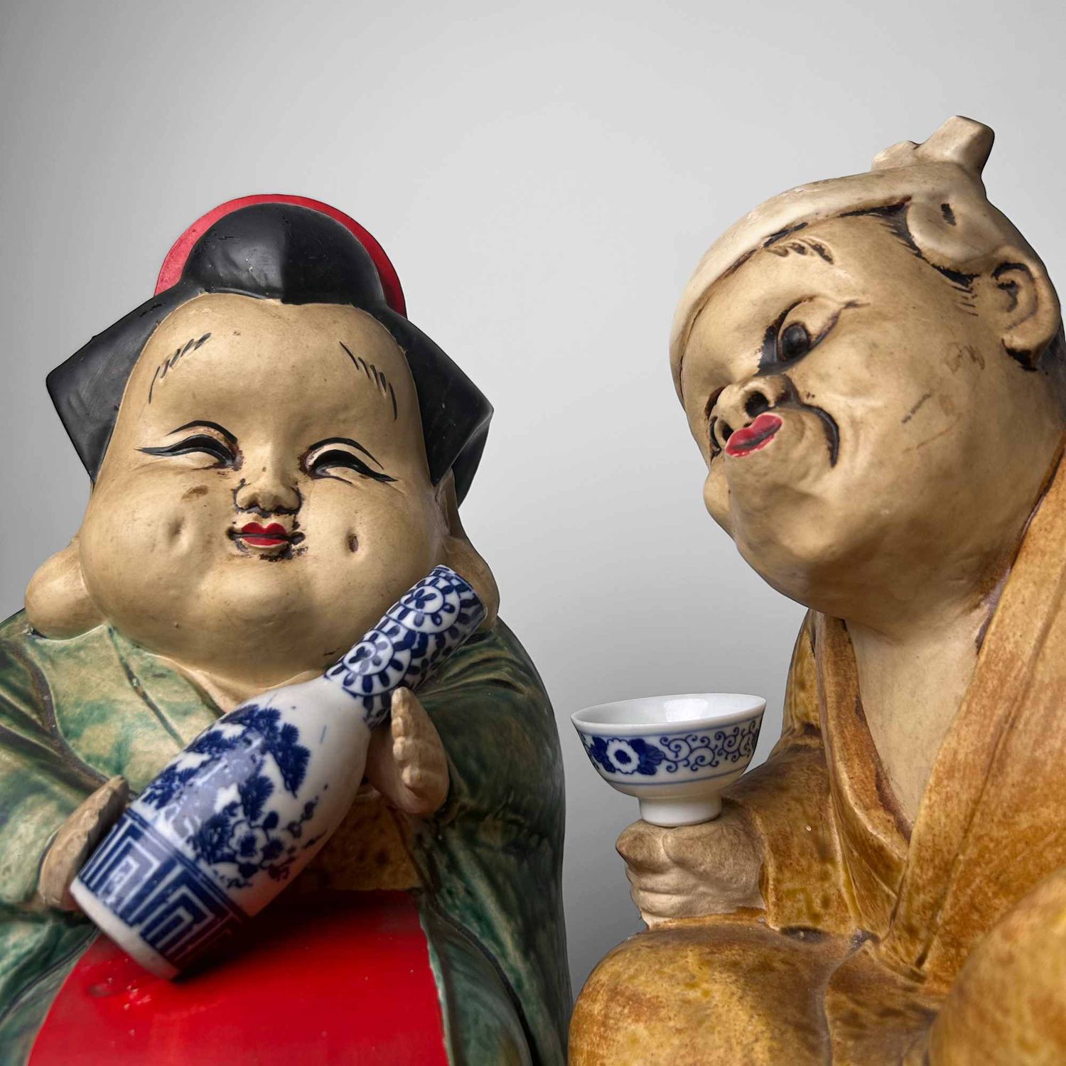 Okame en Hyottoko, Set Japanse Beelden, vroege Shōwa-periode.