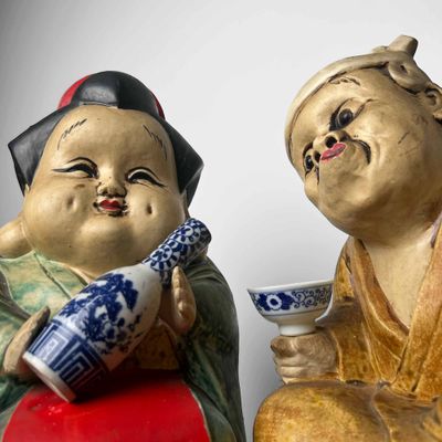 Okame en Hyottoko, Set Japanse Beelden, vroege Shōwa-periode.