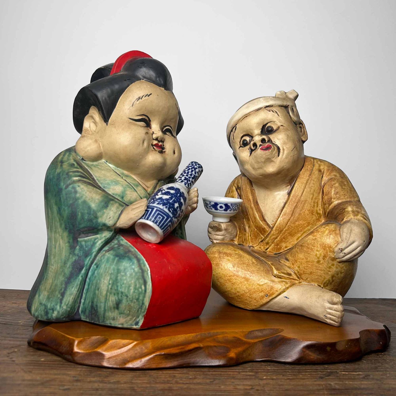 Okame en Hyottoko, Set Japanse Beelden, vroege Shōwa-periode.