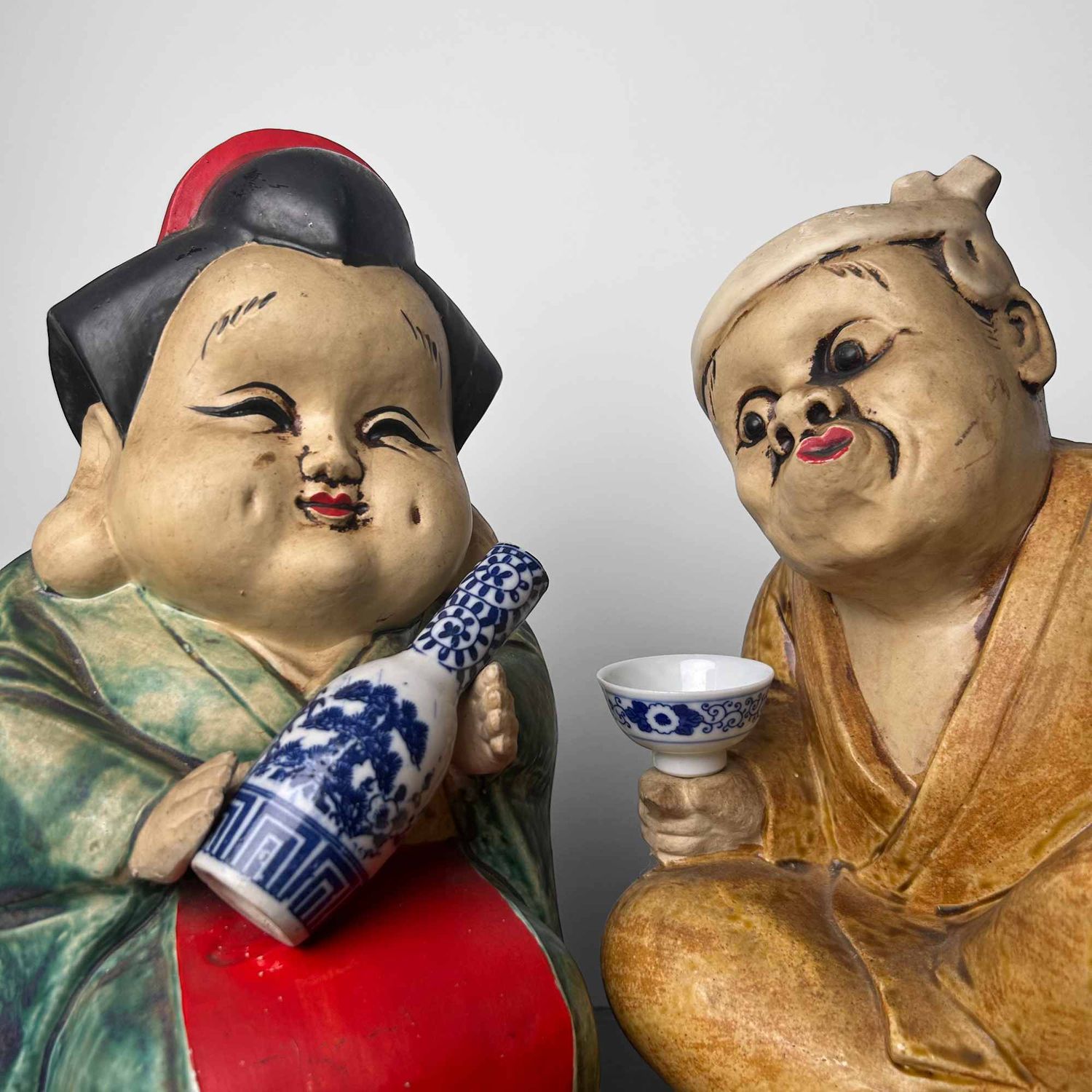 Okame en Hyottoko, Set Japanse Beelden, vroege Shōwa-periode.