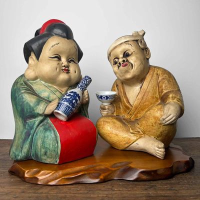 Okame en Hyottoko, Set Japanse Beelden, vroege Shōwa-periode.