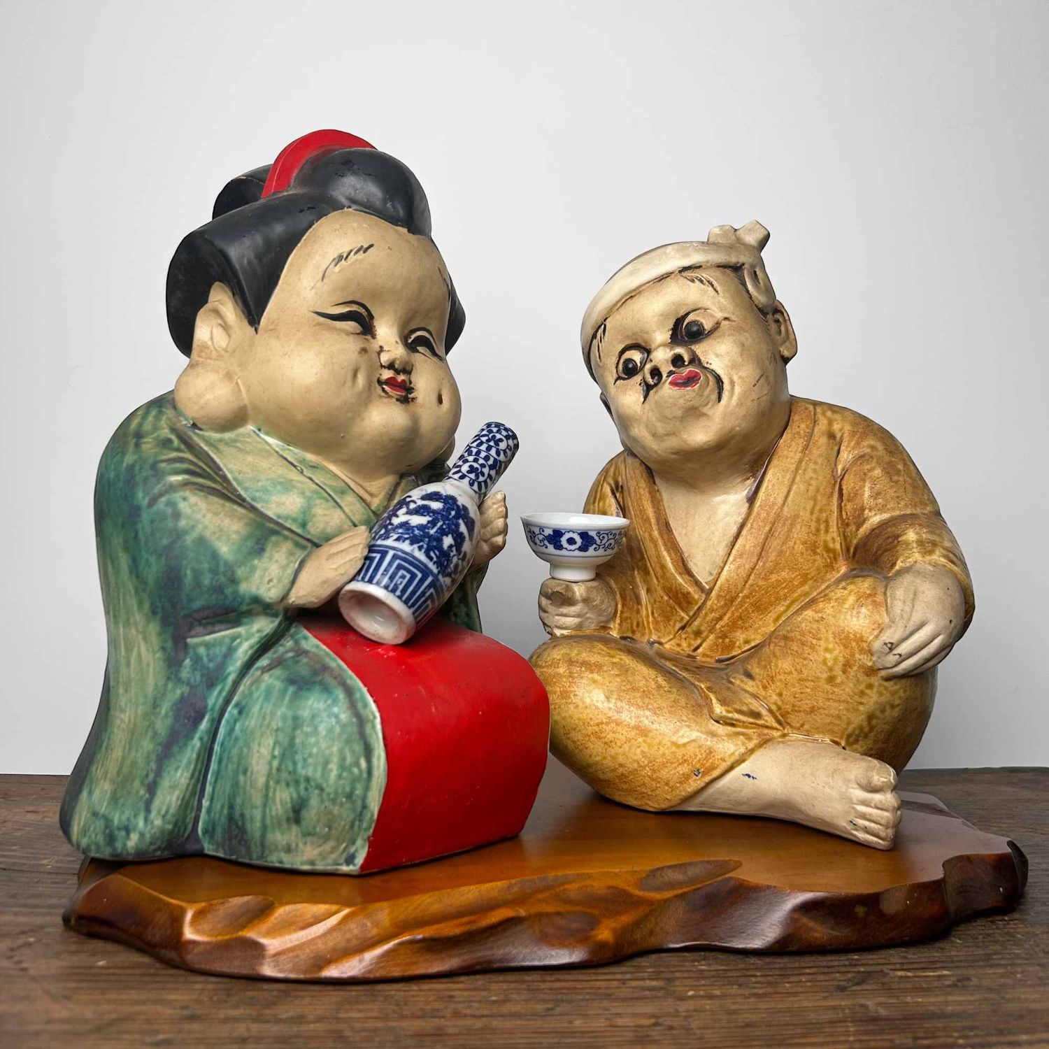 Okame en Hyottoko, Set Japanse Beelden, vroege Shōwa-periode.