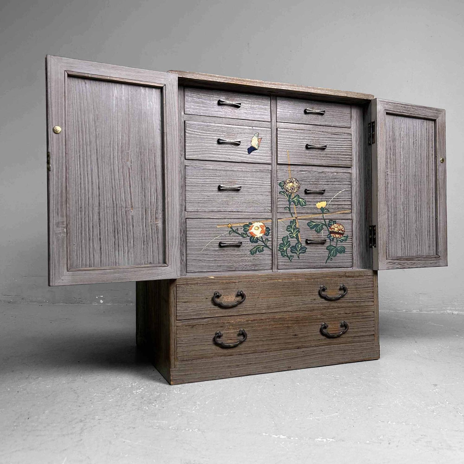 Vintage Tansu Opbergmeubel met Bloemendecor, Japan.