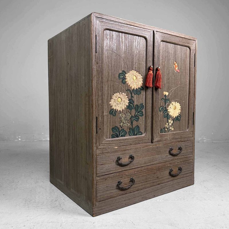 Vintage Tansu Storage Cabinet with Floral Decor, Japan.