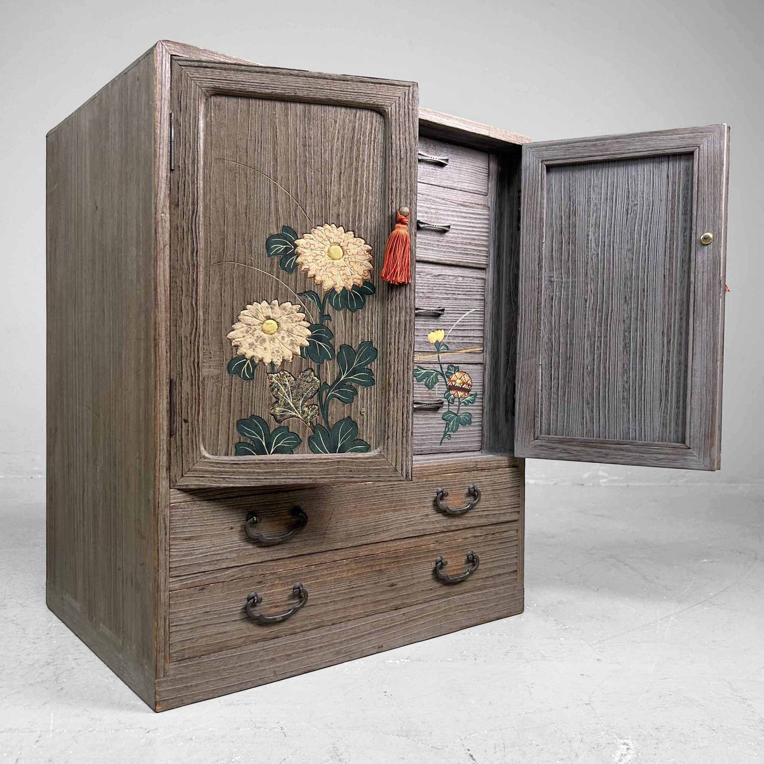 Vintage Tansu Opbergmeubel met Bloemendecor, Japan.