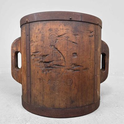 Antieke Houten Rijstmaat Emmer- Itomasu, Meiji periode, Japan.