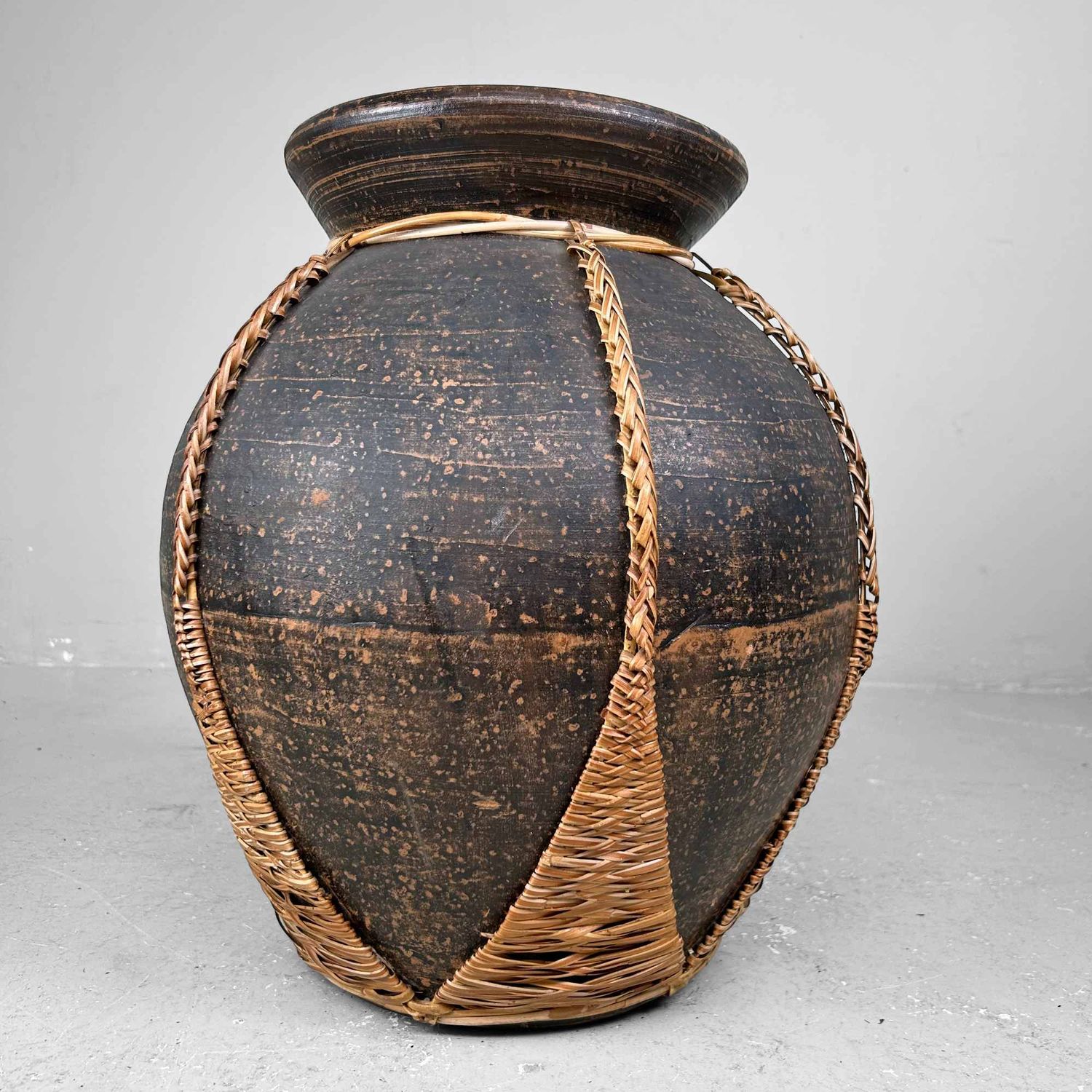 Earthenware Jar Vase with Bamboo Wickerwork, Takago (竹籠), Taishō, Japan. Earthenware Jar Vase with Bamboo Wickerwork, Takago (竹籠), Taishō, Japan.