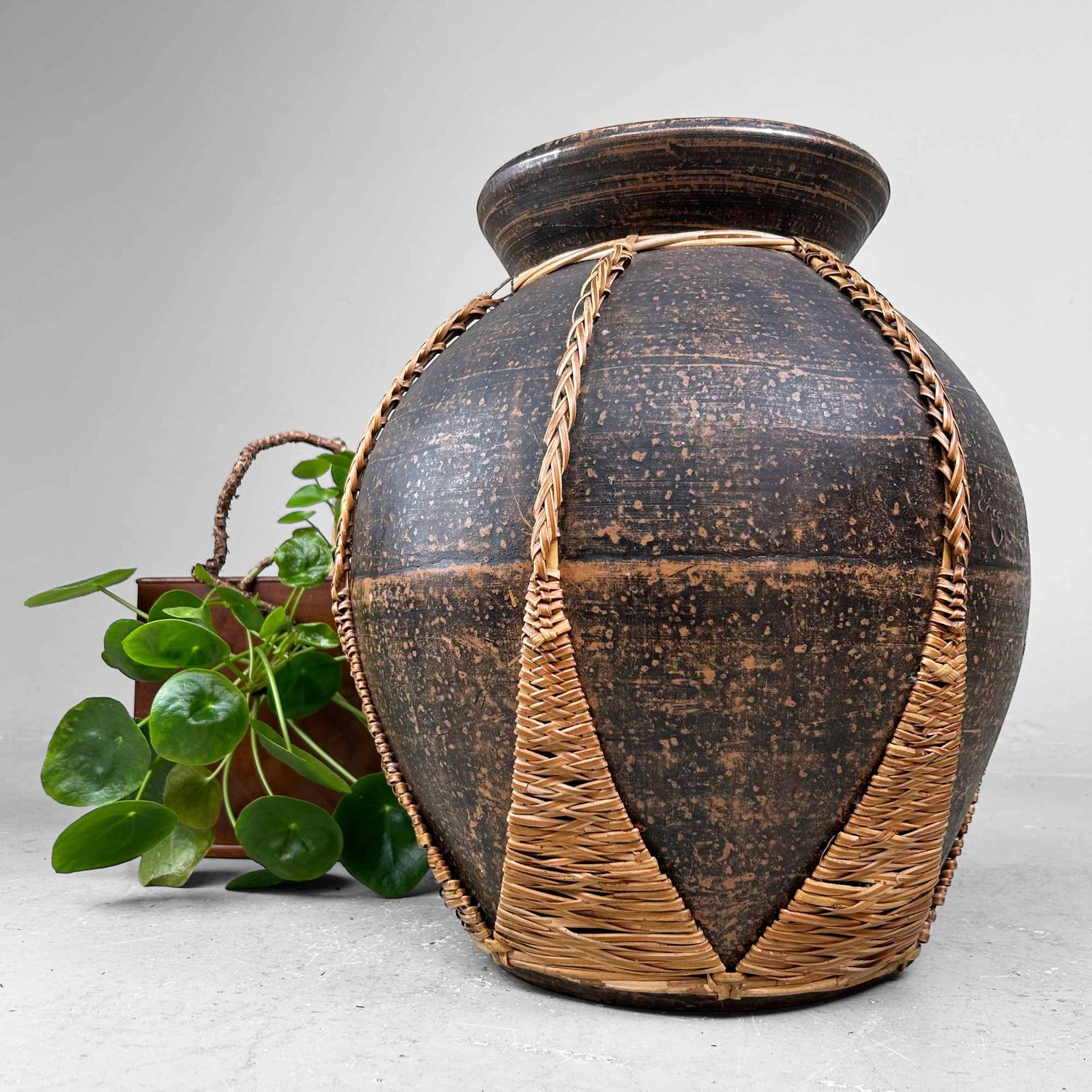 Earthenware Jar Vase with Bamboo Wickerwork, Takago (竹籠), Taishō, Japan. Earthenware Jar Vase with Bamboo Wickerwork, Takago (竹籠), Taishō, Japan.
